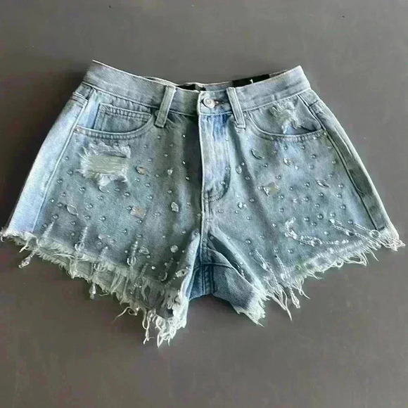 Embellished Crystals Denim Jeans Shorts Sz 1 - Picture 4 of 14